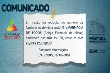 Farmácia de Todos tem atendimento reduzido esta semana