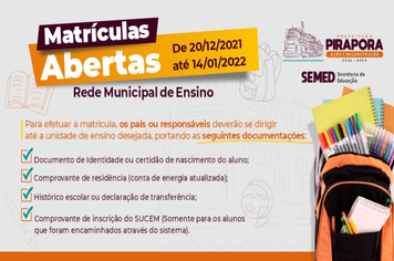 Matrículas abertas para a Rede Municipal de Ensino em Pirapora