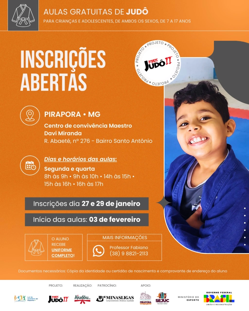 Serão abertas, em Pirapora, inscrições para aulas de judô gratuitas para crianças e adolescentes